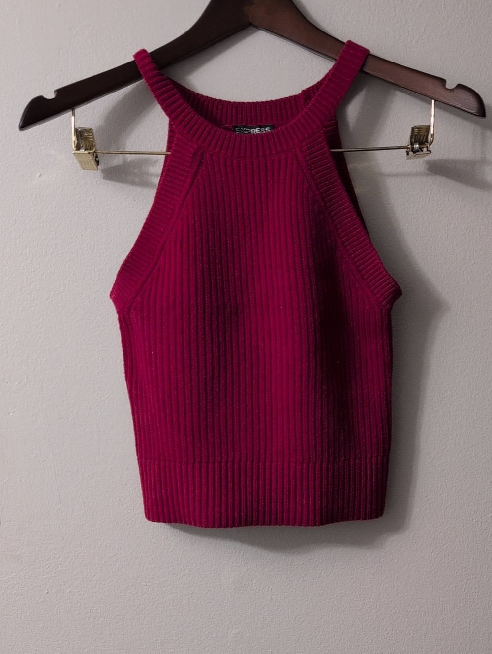 Express Ribbed Halter Tank Top - Burgundy - Picture 2 of 5